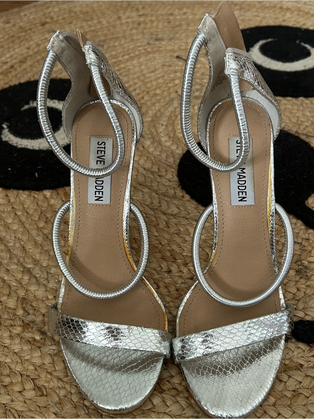 Steve Madden Silver Snake-Embossed Coil Strap Heels